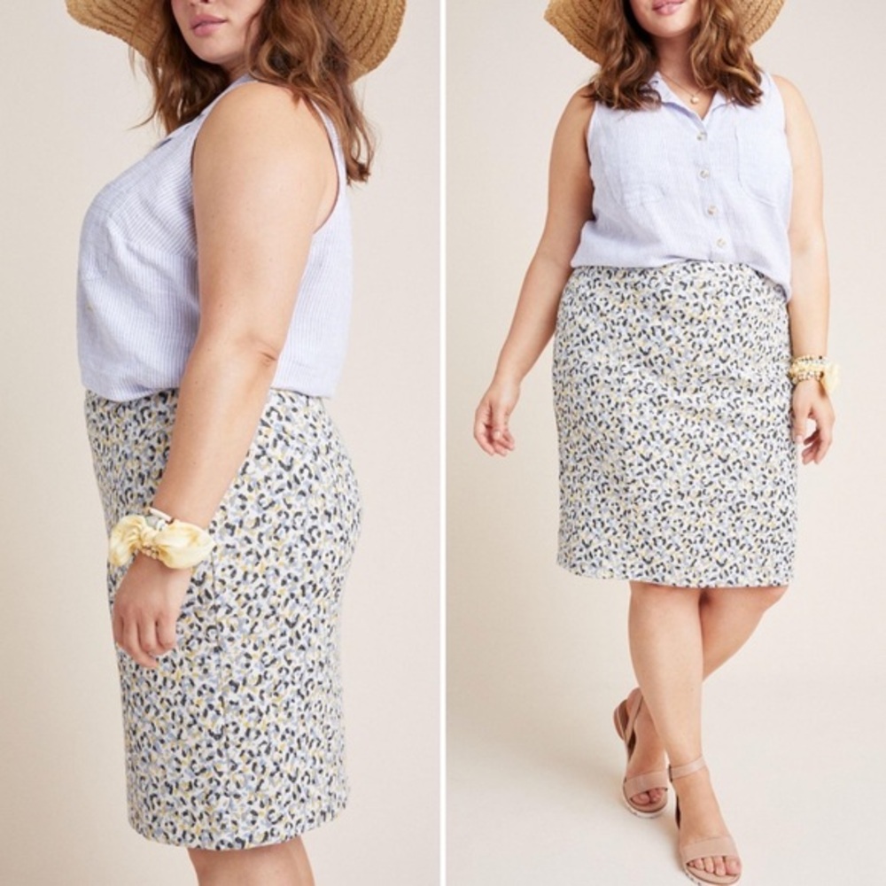 Anthropologie Maeve Leopard Print Jacquard Pencil Skirt Knit Blue Yellow 1X